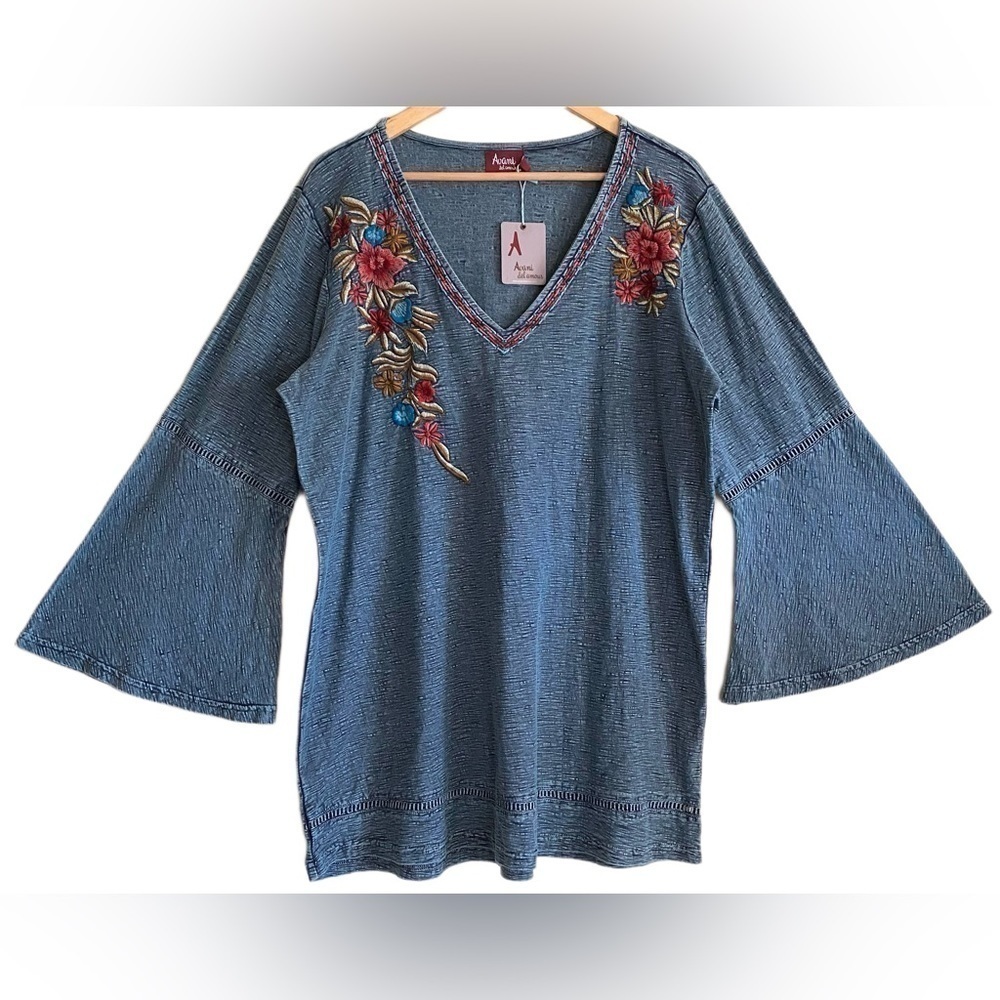 AVANI DEL AMOUR Cotton Floral Embroidered Flounce Sleeves Boho Top Size 1X NWT